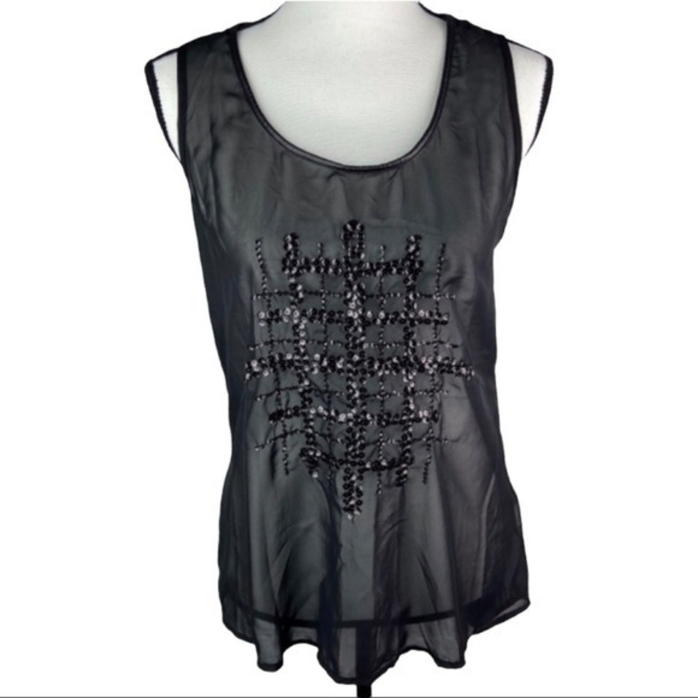 Studio Y Black Sequin Sheer Tank Top Women Small High Low Mesh Sleeveless